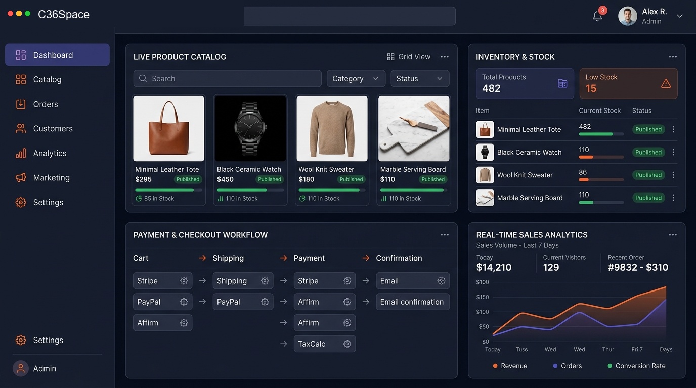C36Space Live E-Commerce Storefront and Catalog Sync Dashboard