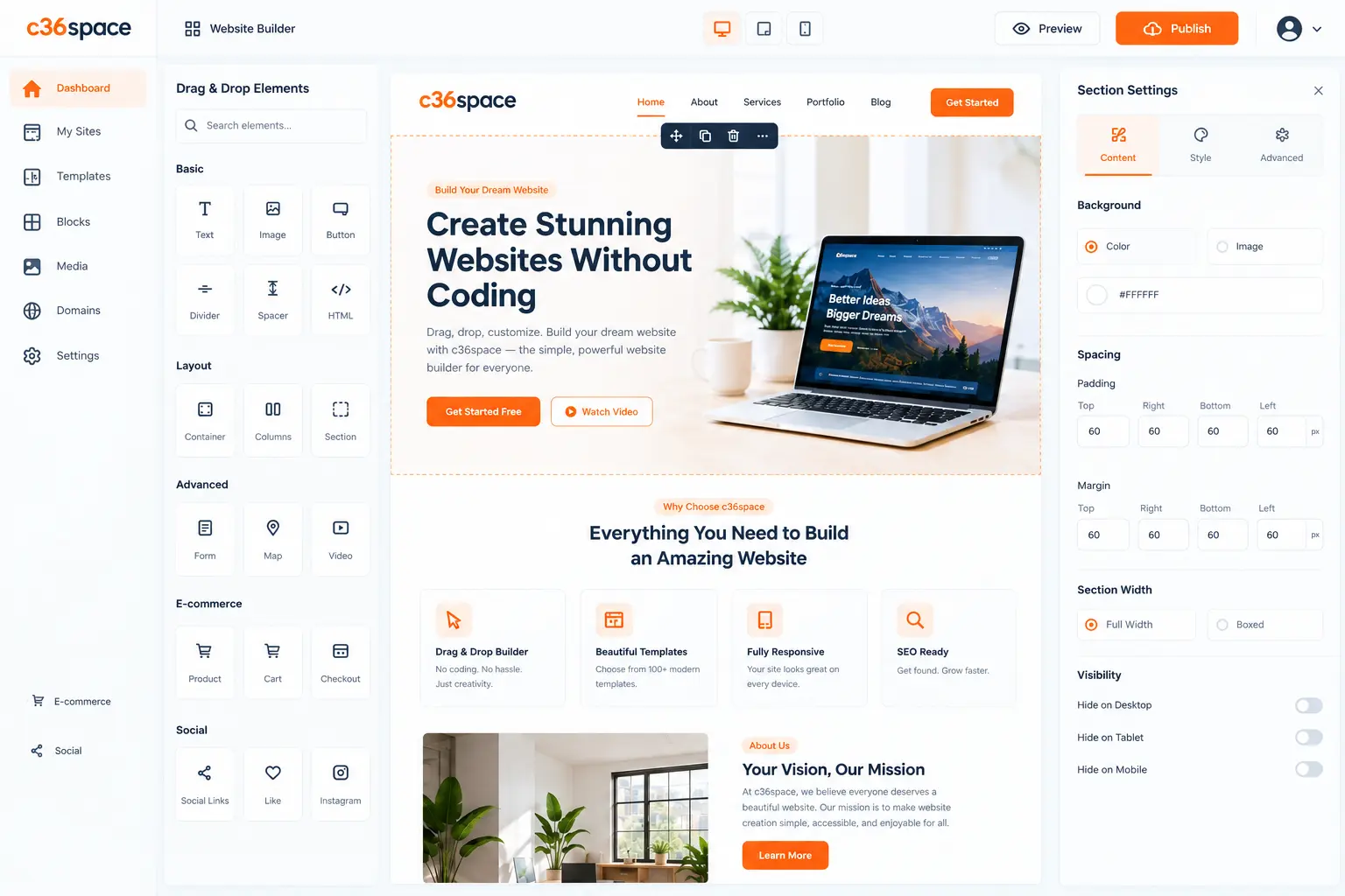 C36Space Visual Website Builder Dashboard